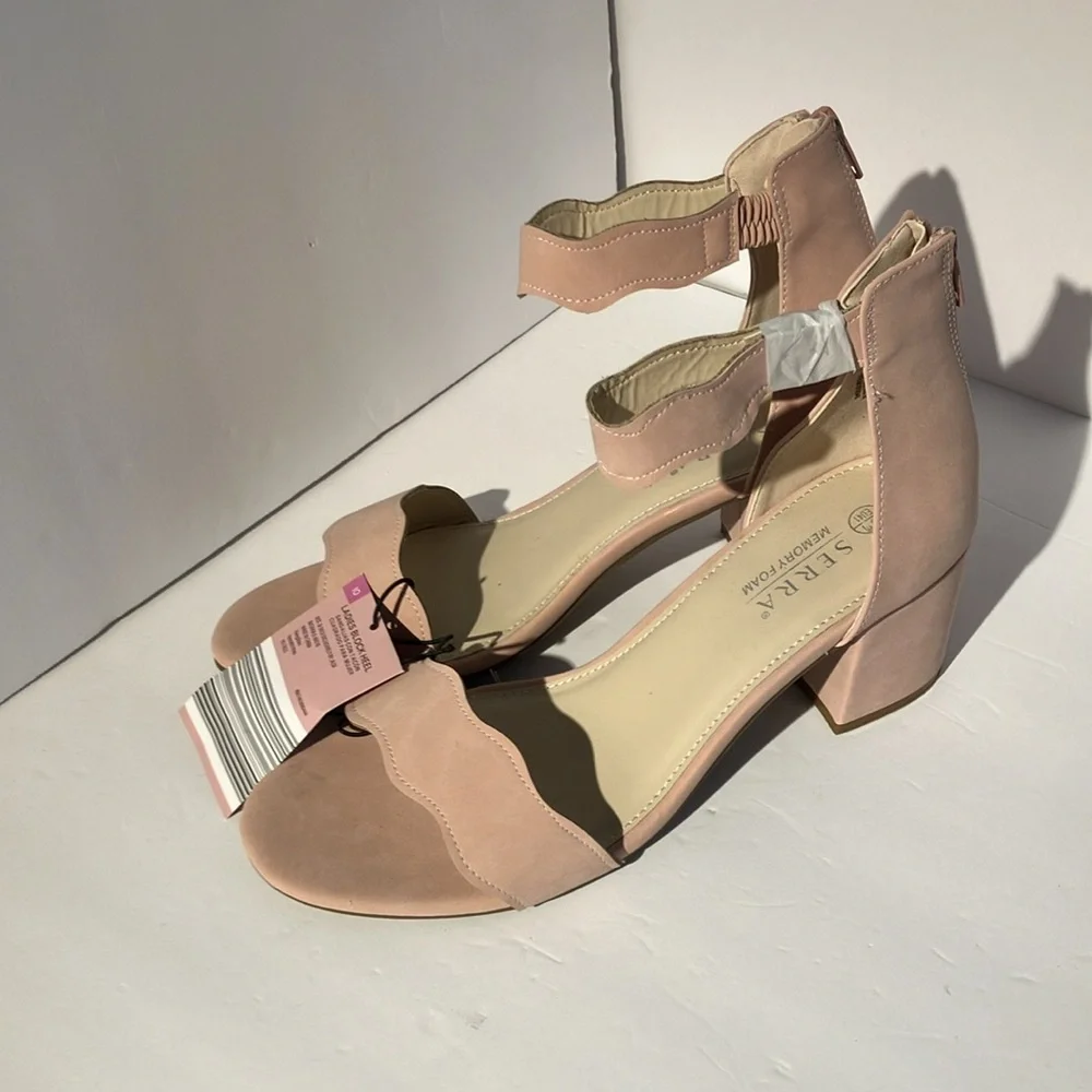 Serra Memory Foam Block Heel Scallop Sandals Size 10 Blush Pink Faux Suede NWT - Picture 3 of 6